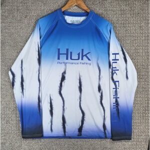 Huk Performance Fishing‎ Long Sleeve Shirt Mens Size L Blue White Ombre Graphic